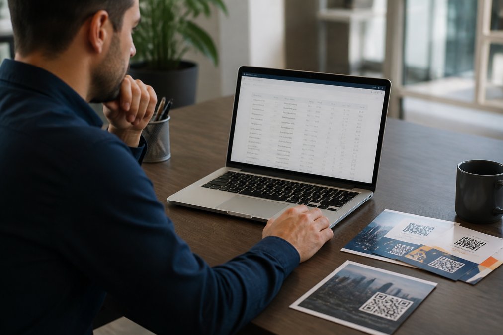 Digital marketer reviewing QR code analytics dashboard on laptop screen, with printed marketing materials featuring QR codes visible on desk, natural office lighting
