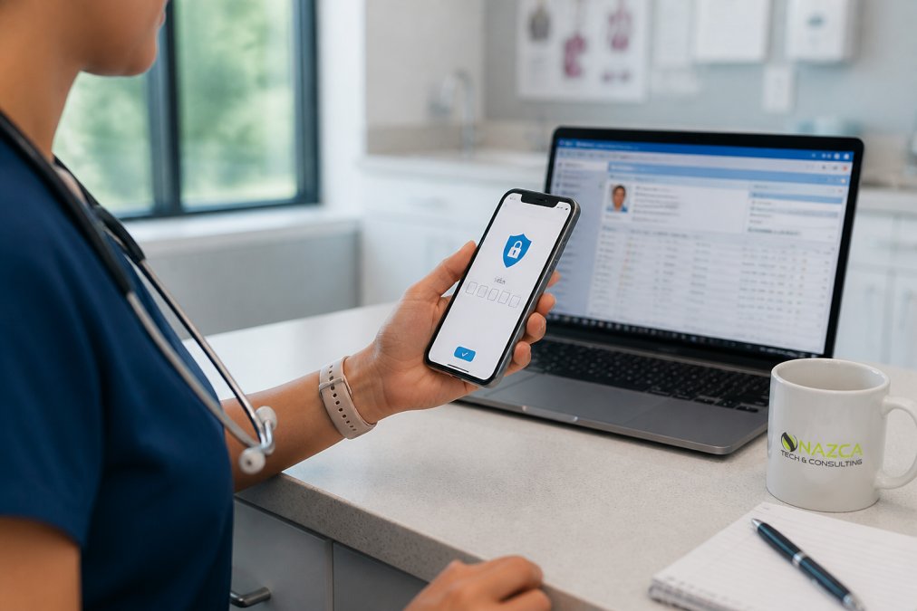 Healthcare professional holding a smartphone displaying a multi-factor authentication prompt, with a laptop showing patient records in the background, in a modern clinic with soft natural lighting