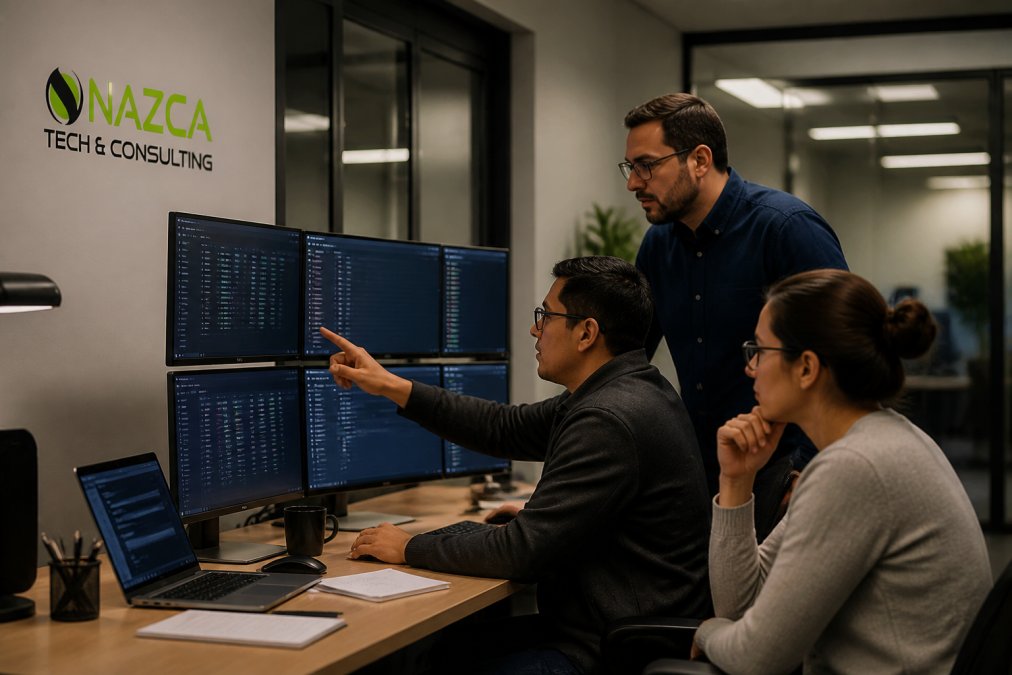 IT team members in a modern office reviewing security dashboards on multiple monitors, discussing remote access logs and compliance reports, with soft overhead and monitor lighting
