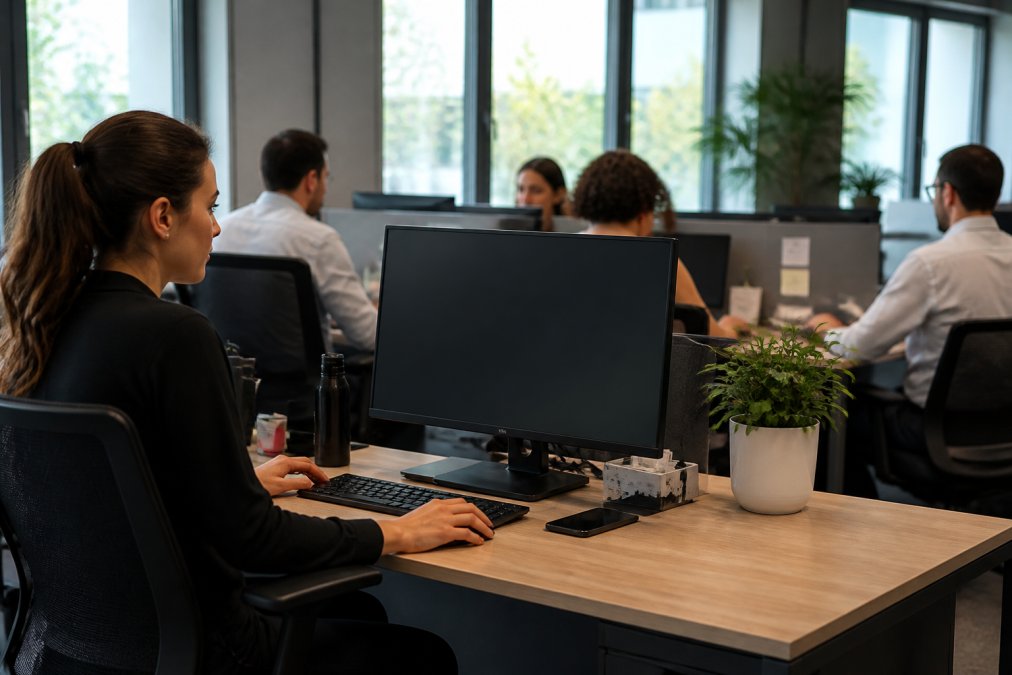 Small business team members working at desks in a modern office, with one employee looking at a computer screen displaying security monitoring dashboards and real-time threat alerts