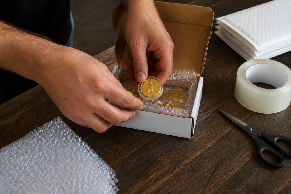 Hands carefully placing gold coins into a small padded box with bubble wrap and tamper-evident tape on a wooden table, shipping supplies nearby