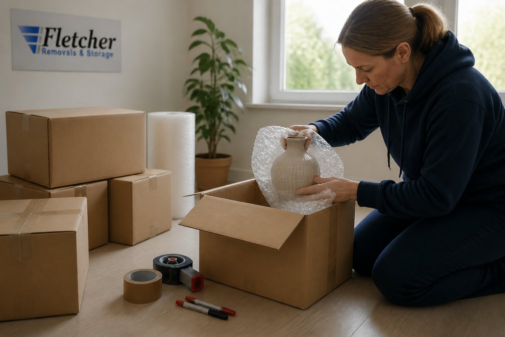 A person carefully wrapping a fragile ceramic vase in bubble wrap and placing it into a labelled cardboard box on a clean floor, with packing tape and marker pens nearby, soft daylight from a window