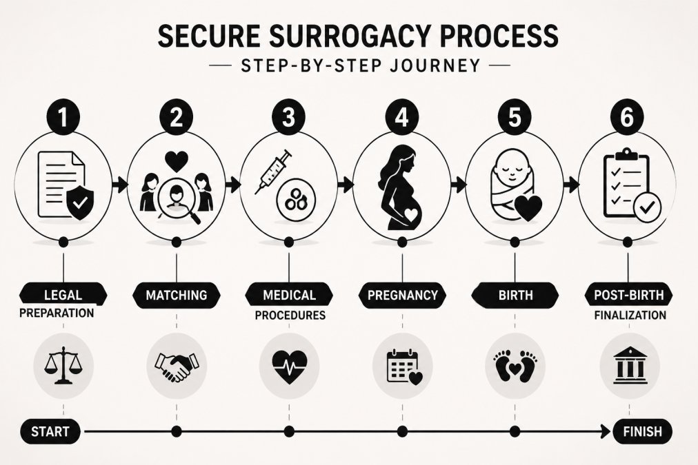Professional illustration showing secure surrogacy process