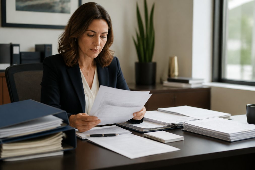 Healthcare practice administrator reviewing vendor security documentation and compliance checklist at desk with laptop and multiple documents in modern office setting