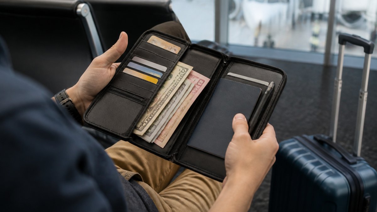 Traveler organizing secure travel wallet with passport, international currency, and credit cards at an airport gate, showing compartmentalization and document arrangement