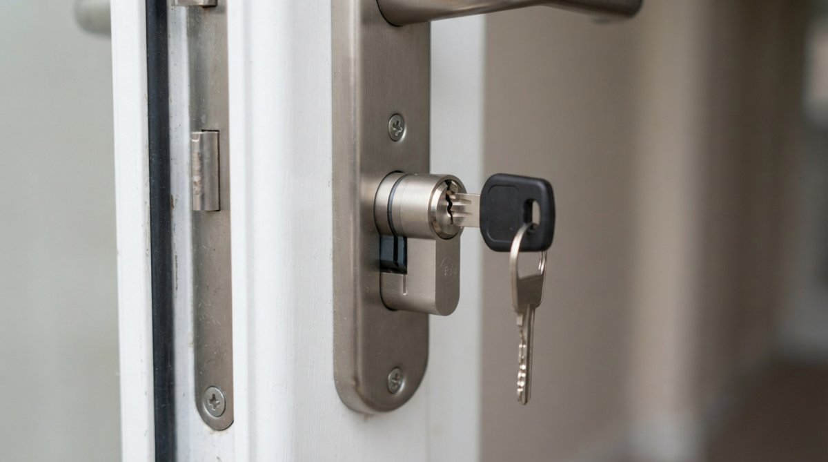 Close-up of an anti-snap cylinder installed in a uPVC door, showing the reinforced profile and tamper-resistant design with the key inserted