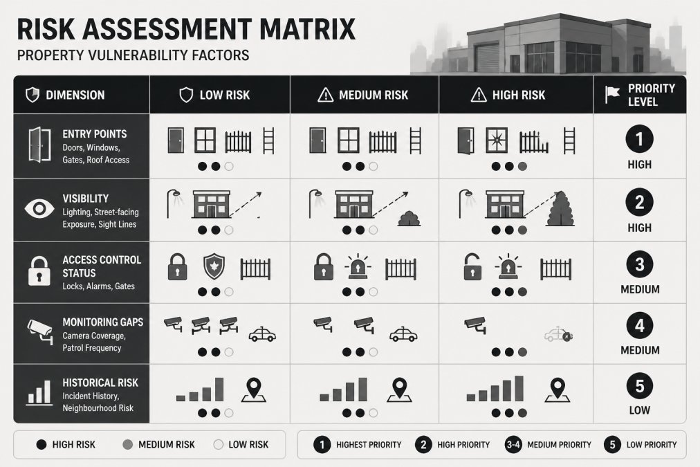 Risk assessment matrix visualizing vulnerability factors to secure vacant commercial property effectively.