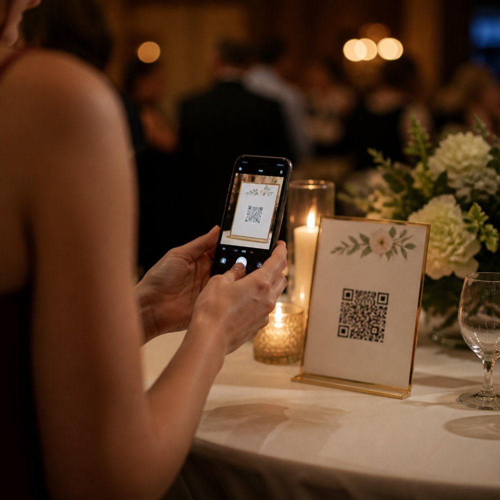 Guest at wedding reception holding smartphone and scanning QR code displayed on elegant table card, with mobile upload interface visible on phone screen, warm ambient lighting from venue