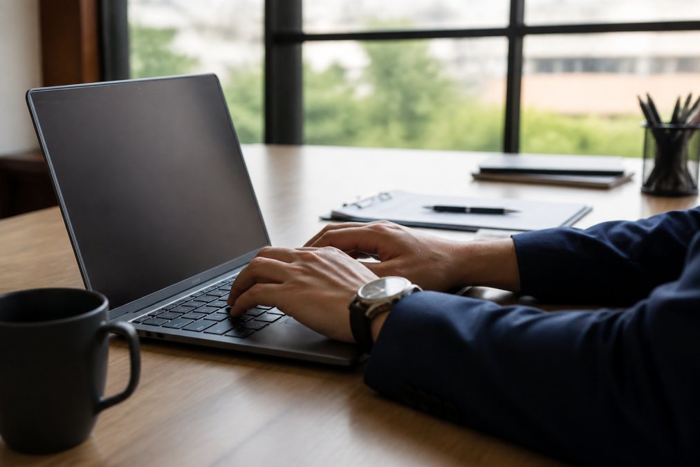 Professional hands typing a strong password on a laptop keyboard with a security padlock visible on the desktop screen in a modern office setting with natural window lighting