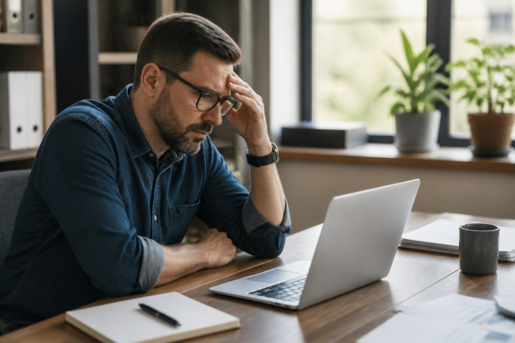 Small business owner sitting at desk with laptop, looking concerned while reviewing website security alerts and monitoring dashboard with red warning indicators visible on screen, natural office lighting