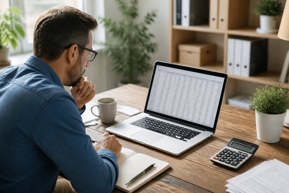 Business professional reviewing hosting plans and pricing spreadsheets on computer screen with notepad and calculator nearby, natural office lighting