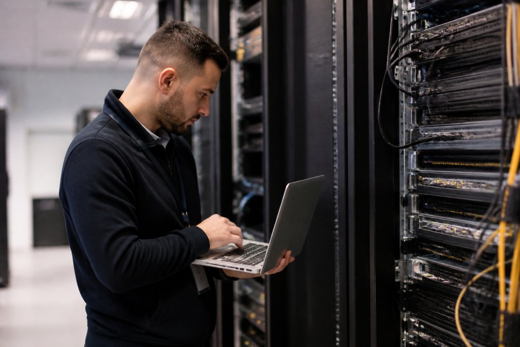 IT professional monitoring multiple security dashboards and network screens displaying threat alerts and system status indicators in a modern office environment with soft blue lighting