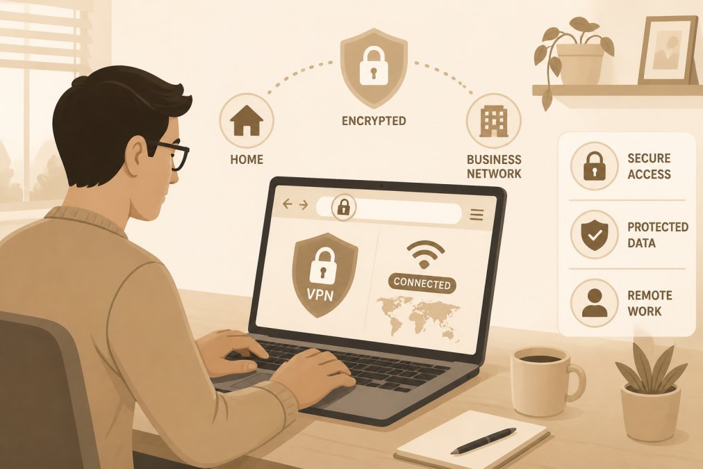 Business professional working securely on a laptop at home with a VPN connection indicator displayed on screen and a padlock icon visible in the browser bar