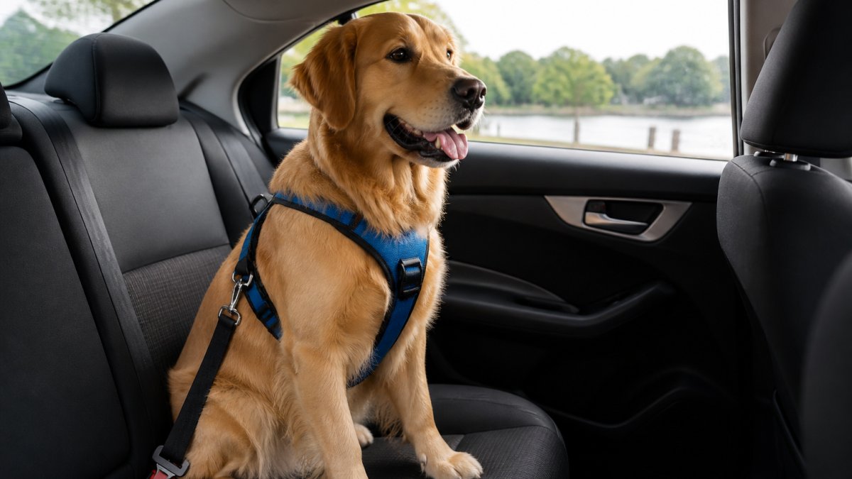 Golden retriever sitting in a car back seat secured with a blue harness clipped to a seat belt