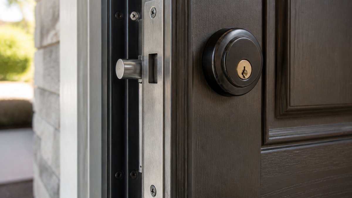 Close-up of a reinforced residential front door showing heavy-duty deadbolt lock, metal strike plate with reinforced frame, and solid door construction in daylight