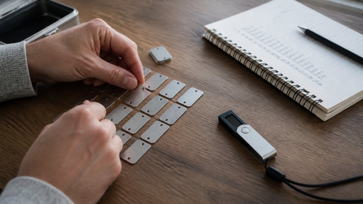 Hands carefully arranging metal seed phrase tiles on a workspace, with a hardware wallet and notebook nearby showing backup documentation