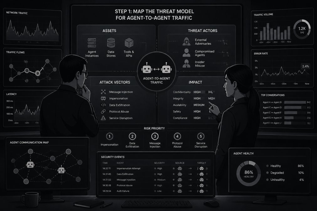 A security architect and AI engineer reviewing a threat model on a large monitor in a dimly lit security operations center, multiple screens showing network traffic