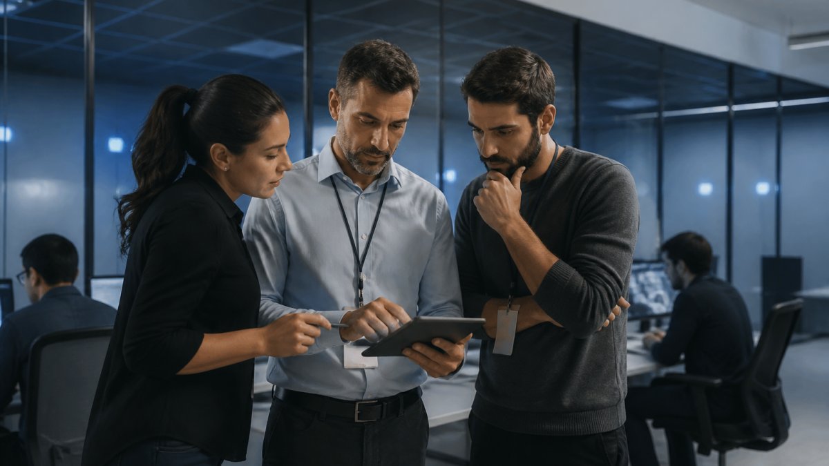 Security team members reviewing AI agent identity policies and access controls on multiple monitors in a secure operations center with blue-tinted lighting and real-time dashboards
