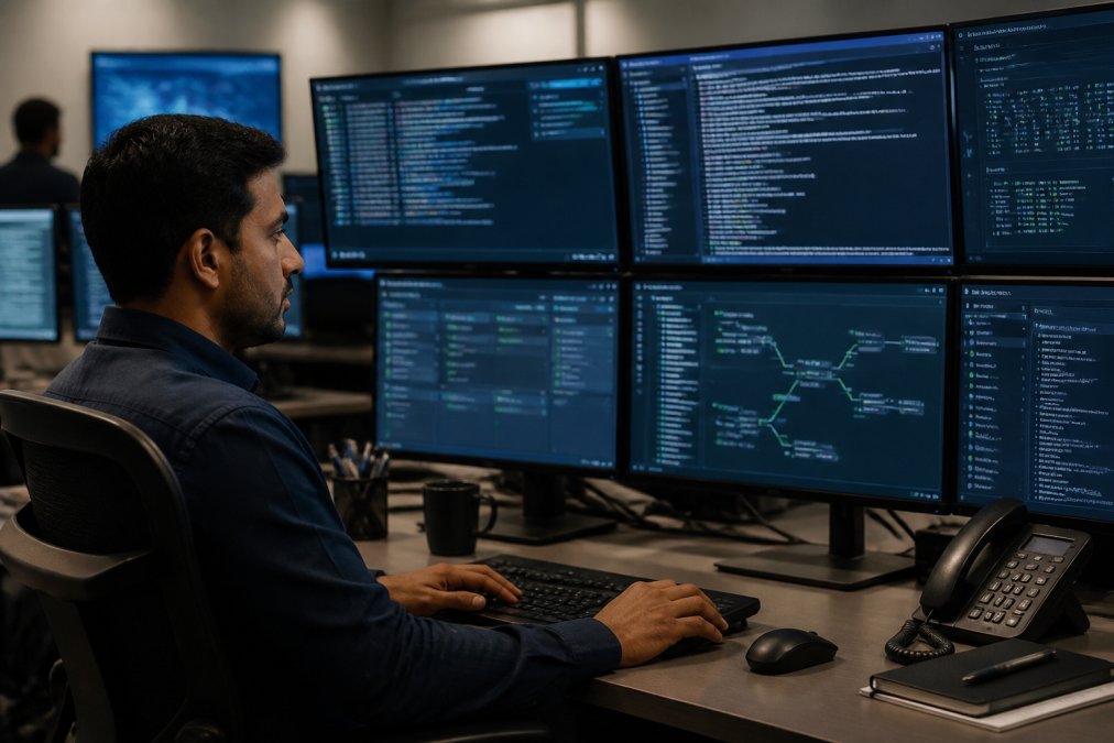 Security engineer at a desk monitoring multiple screens showing agent verification dashboards with code analysis, dependency trees, and configuration validation reports in a corporate security operations center