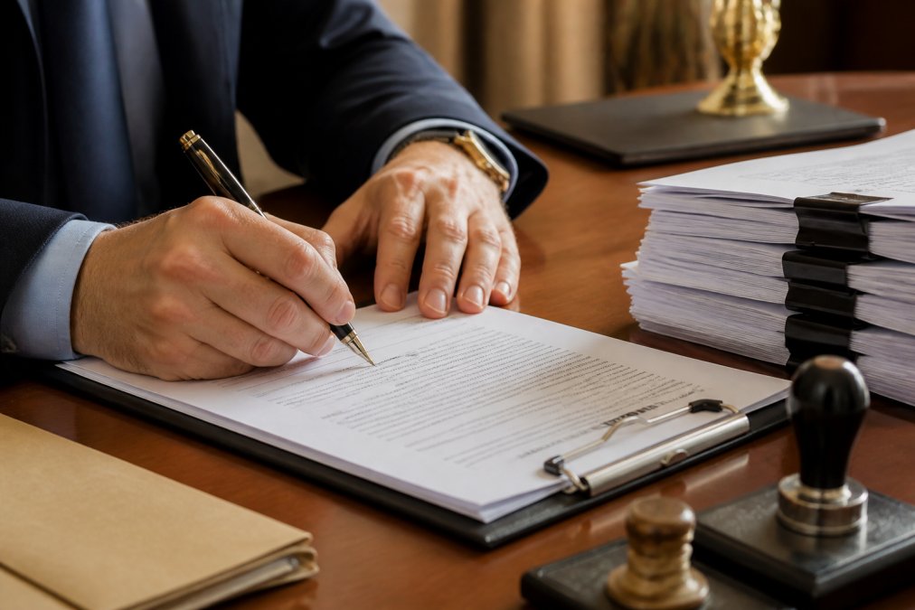 Close-up of hands working at a laptop with security compliance documentation, authorization protocols, and cryptographic signing logs visible on the screen in a professional environment