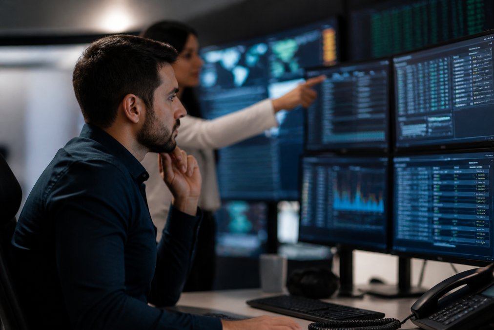 Security engineer monitoring network dashboards to identify data poisoning threats in a control center