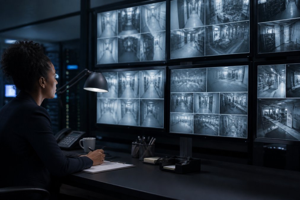Security team monitoring financial transactions and AI agent activities on multiple displays in a control center, with real-time alert indicators and authorization dashboards visible on screens in dim lighting
