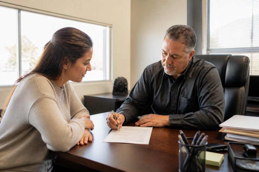 A family member sitting across a desk from a professional bail bondsman in a bright office, both reviewing a contract together with a pen in hand