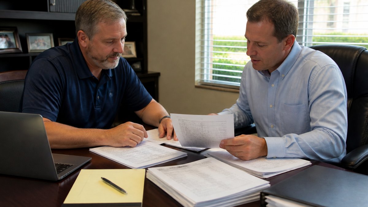 A business owner and an insurance broker reviewing printed loss runs and policy documents across a desk in a small office, laptop open beside a notepad, natural window light