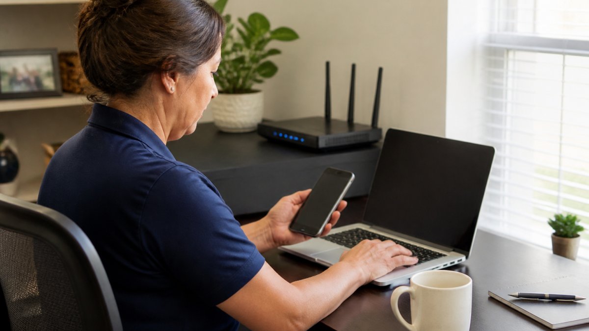 Diagram showing remote plumbing staff securing client data via laptop, smartphone, and encrypted Wi-Fi.