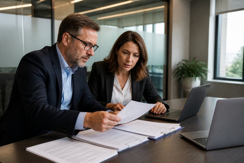 CISO and IT director reviewing security audit reports and compliance documentation at a conference table with laptops displaying compliance checklists and security assessment matrices