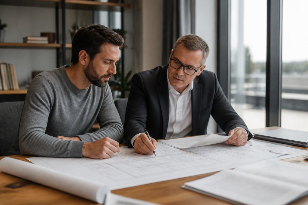 Small developer and lending officer reviewing project plans, blueprints, and financial documents at a desk in a modern office with natural lighting