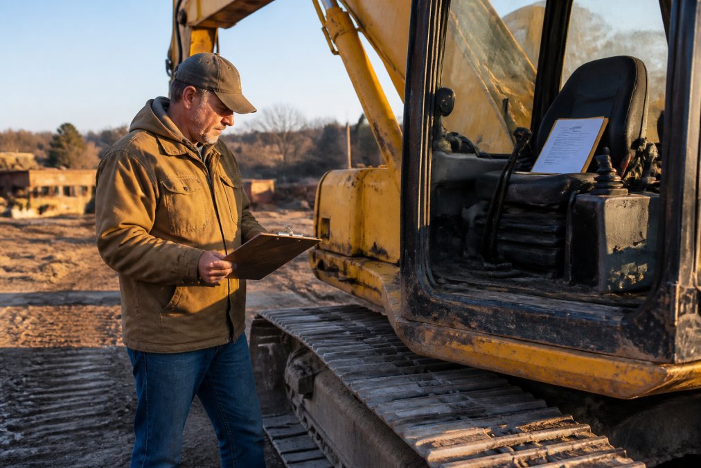 Contractor inspecting a used excavator while securing financing for used construction equipment on a job site