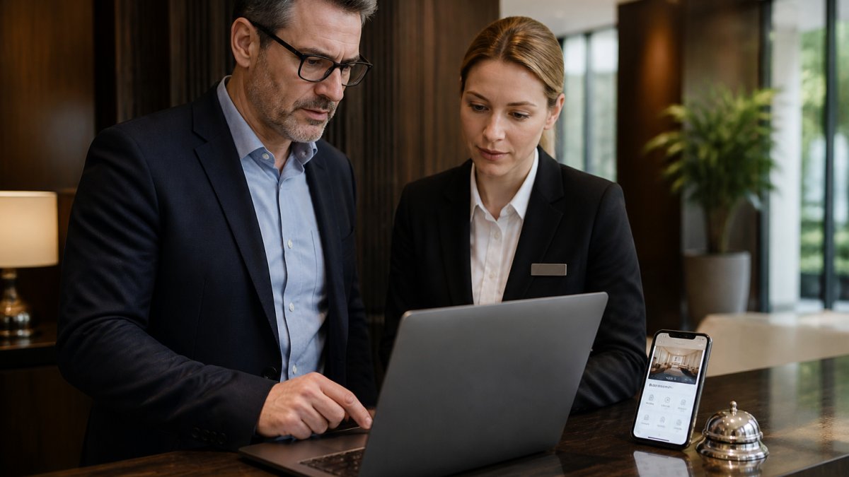A hotel IT manager and front-desk supervisor reviewing a security settings dashboard on a laptop at the front desk, with a smartphone showing a mobile check-in screen beside them