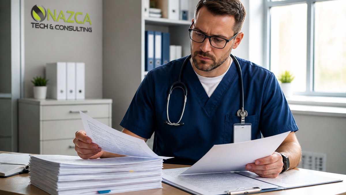 Healthcare IT professional reviewing security protocols and compliance documentation on a computer monitor in a modern medical office with natural lighting