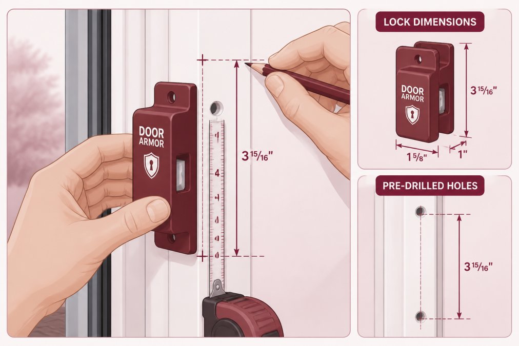 Close-up of hands carefully positioning a sliding door lock mechanism on the frame, showing the measurement tape, pencil marking, and pre-drilled screw holes on the white frame