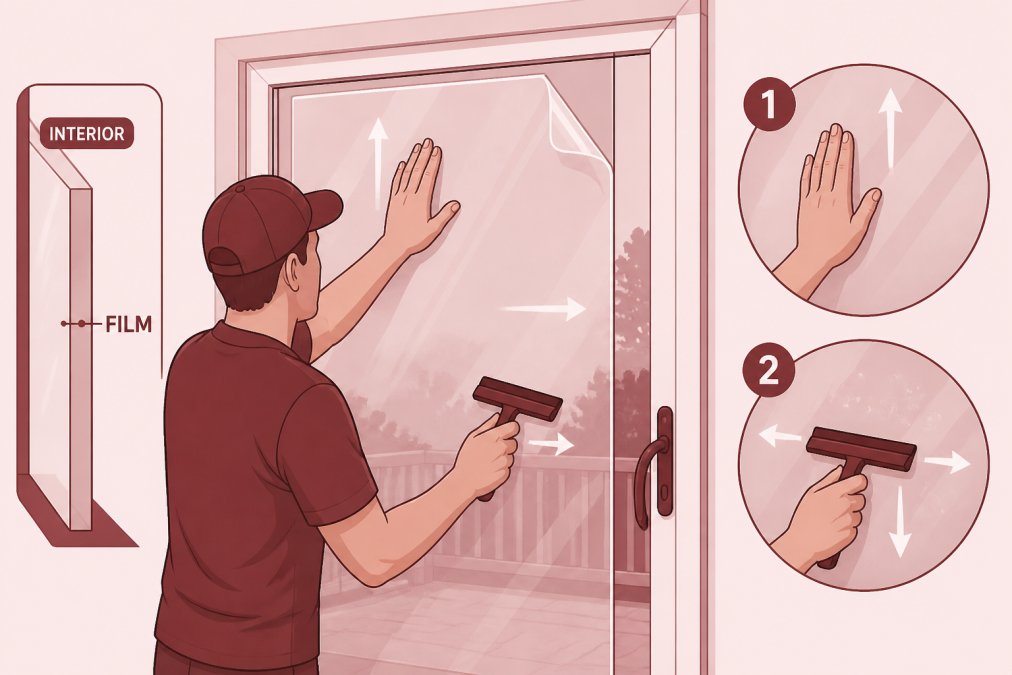 Homeowner carefully applying transparent security film to the interior surface of a sliding glass door
