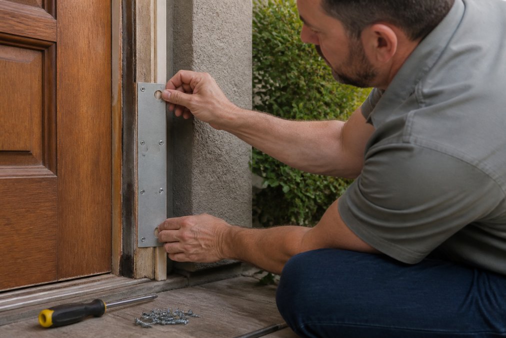 Close-up of a homeowner's hands installing a galvanized steel door reinforcement plate on a wooden exterior door frame, with a screwdriver and hardware on the floor nearby