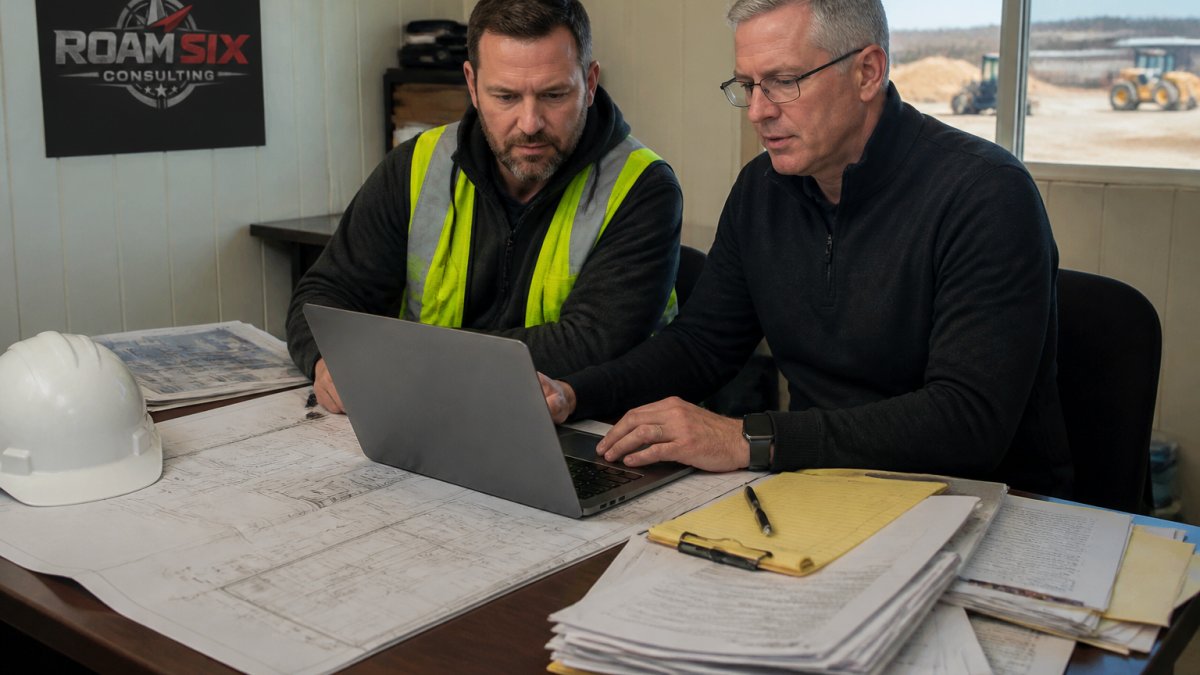 A construction business owner and an accountant reviewing a cash-flow forecast on a laptop at a job-site trailer desk, with blueprints and invoices spread out nearby
