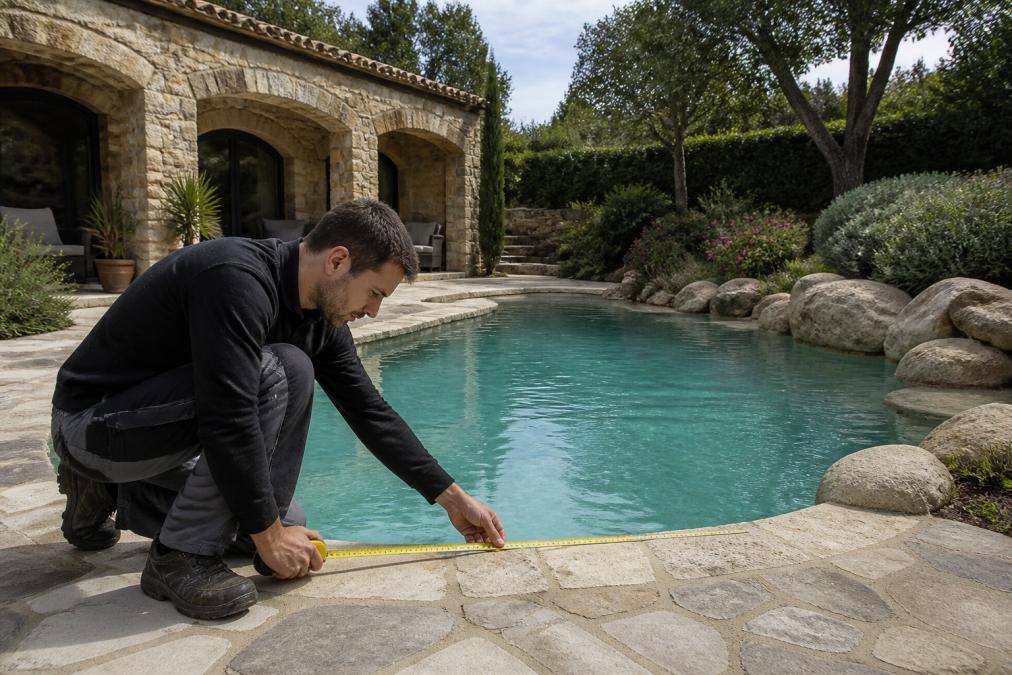 Un technicien prenant des mesures précises le long d'une piscine de forme libre avec un mètre ruban, devant une villa en pierre ancienne et un jardin paysager