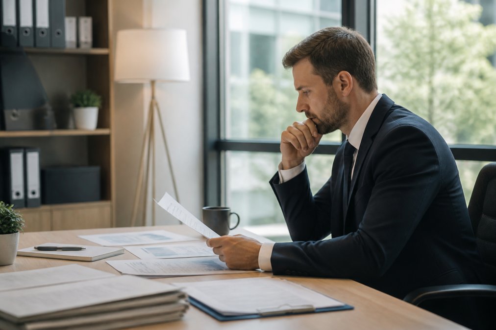 Professionnel en costume examinant un tableau de bord de contrôle d'accès utilisateur sur un écran d'ordinateur dans un bureau moderne, avec des fenêtres naturelles et des documents de sécurité sur le bureau
