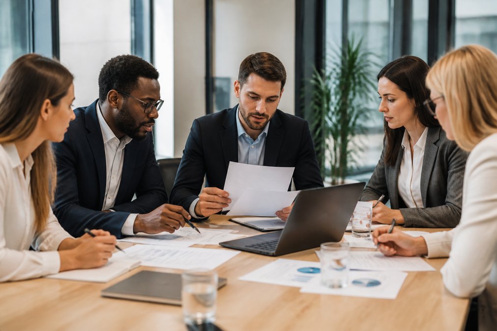 Équipe de professionnels en réunion de sécurité autour d'une table de conférence, examinant des rapports d'audit imprimés et discutant sur des ordinateurs portables, avec des graphiques de sécurité visibles sur un écran mural