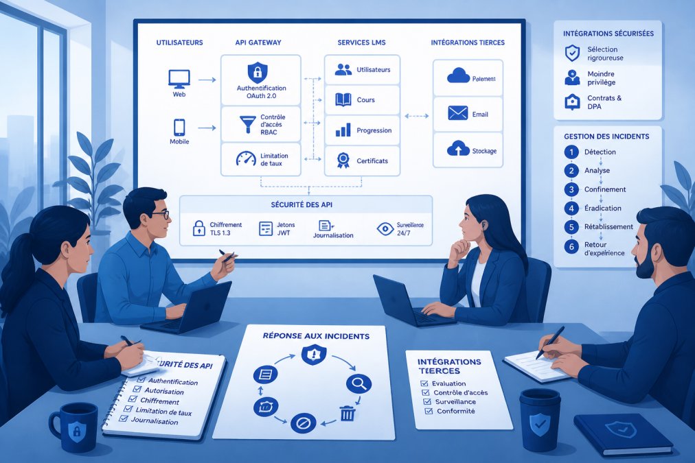 Équipe IT en réunion discutant de protocoles de cybersécurité avec des notes sur la table, des diagrammes d'architecture système visibles sur un écran en arrière-plan, dans un environnement de bureau moderne