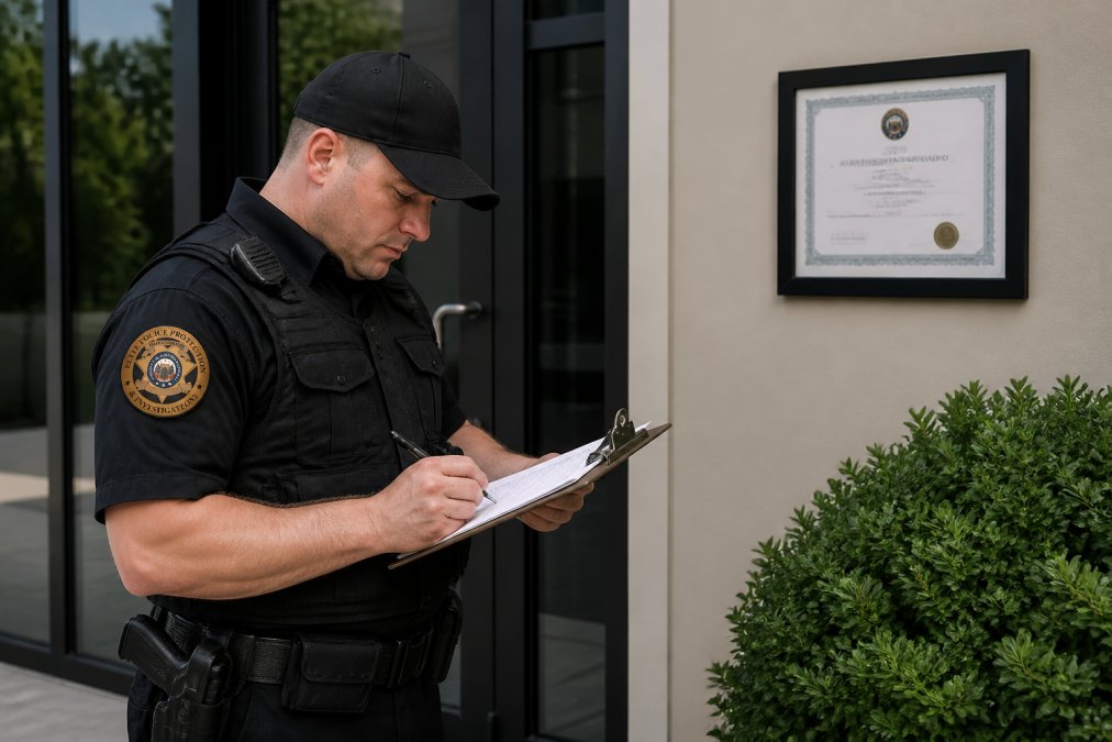 Uniformed security guard checking credentials at a building entrance monitored by local security agencies