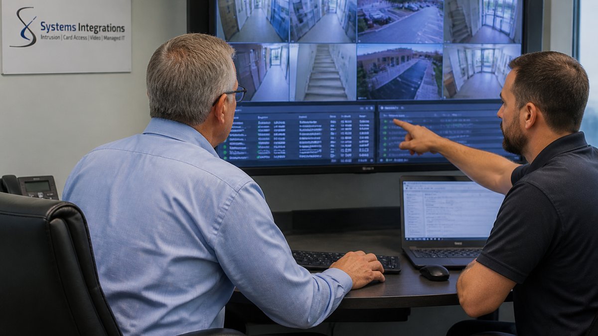A facility manager and security technician reviewing a unified dashboard on a large monitor in a modern control room, with camera feeds and access logs visible on screen