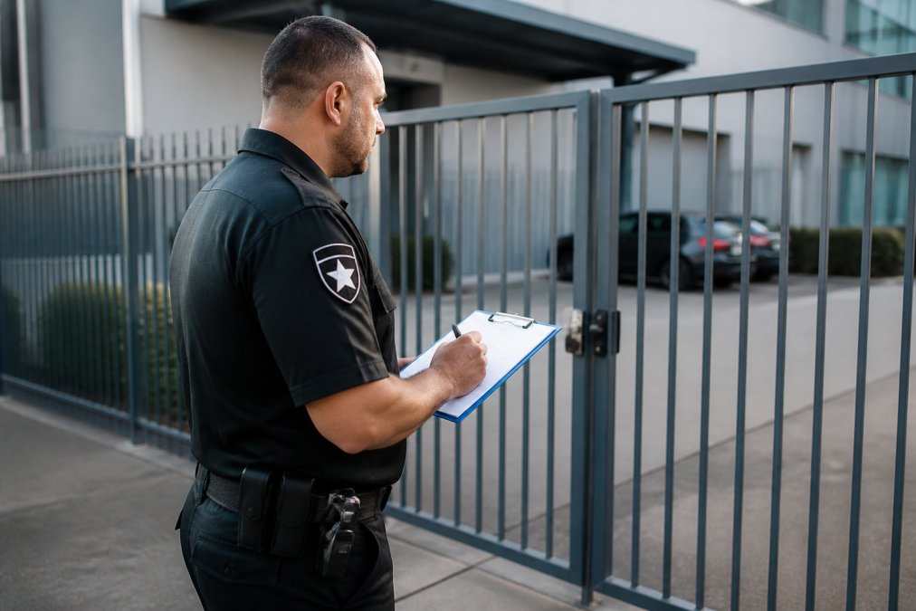 Professional security officer in uniform conducting a site inspection, reviewing access points and perimeter at a commercial property with clipboard, natural outdoor lighting