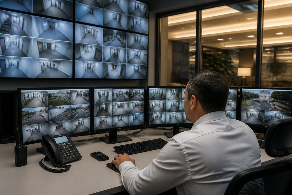 Security control room with multiple monitors displaying live CCTV feeds from different angles, operator at desk reviewing real-time alerts, professional lighting, modern equipment setup