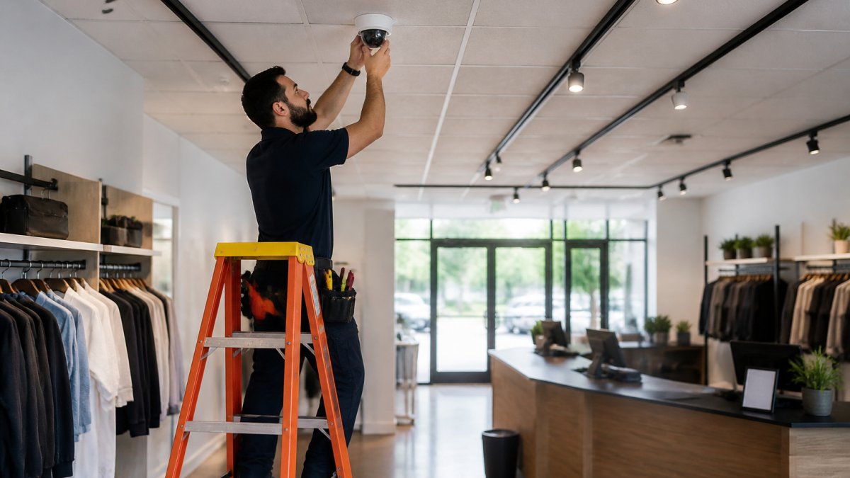 A security technician on a ladder adjusting a dome camera near the ceiling of a retail store, with clothing racks and a checkout counter visible below in soft daylight