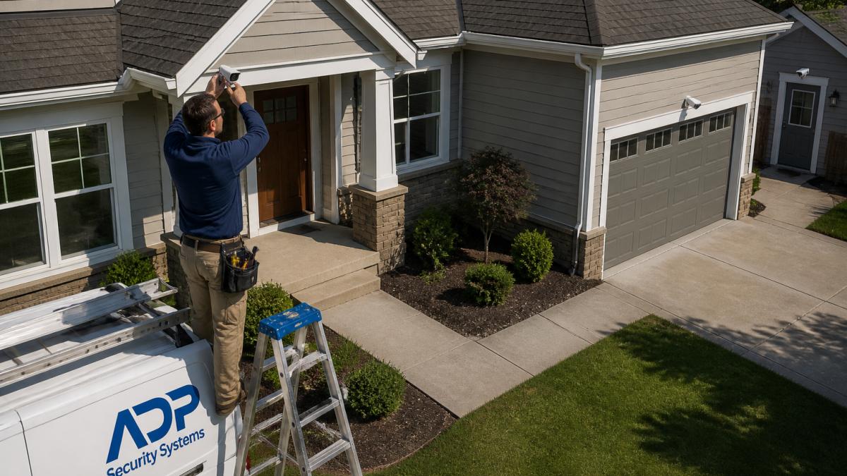 Residential home exterior showing camera placement points at front entry, back door, driveway corner, and garage with sight lines indicated from elevated viewing angles