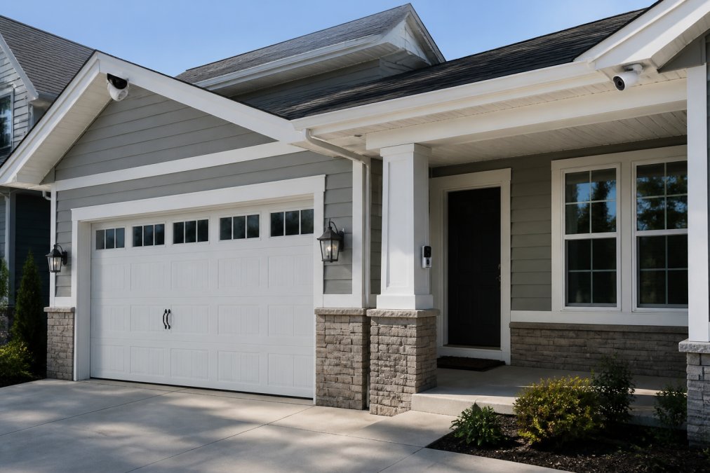 A residential home's exterior showing multiple camera positions: a doorbell camera centered on the front door frame at eye level, a security camera mounted on the upper corner of the garage eave at 10 feet high, and another camera positioned at the opposite corner of the roofline, all with clear sightlines to driveway and property perimeter in natural daylight