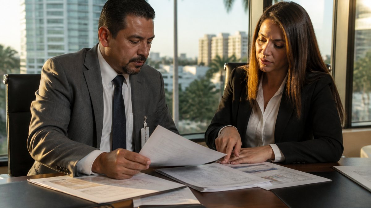 Professional security manager and property manager reviewing incident reports and security protocols at desk in modern commercial office building with glass windows and city views